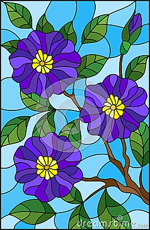 Stained glass illustration painting with a branch of flowering plants on a blue background, purple flowers, buds and leaves agai Vector Illustration