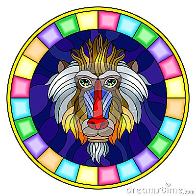 Stained glass illustration with a monkey`s head , a circular image with bright frame Vector Illustration