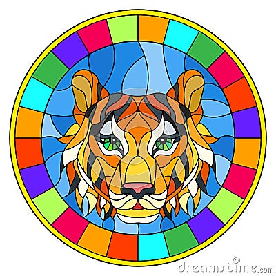 Stained glass illustration painting with a tiger`s head , a circular image with bright frame Vector Illustration