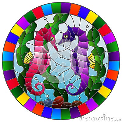 Stained glass illustration with a pair of fish seahorse on the background of water and algae,round picture in a bright frame Vector Illustration