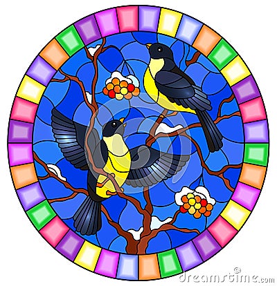 Stained glass illustration with a pair of great Tits birds on the branches of a Rowan tree on the background of snow, berries and Vector Illustration