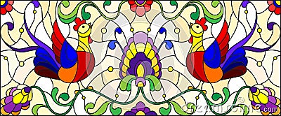 Stained glass illustration with a pair of roosters , flowers and patterns on a yellow background , horizontal image Vector Illustration
