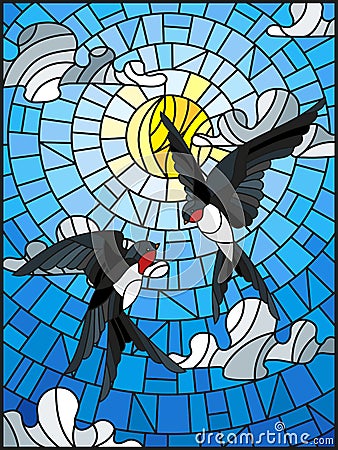 Stained glass illustration a pair of swallows on the background of sky, sun and clouds Vector Illustration