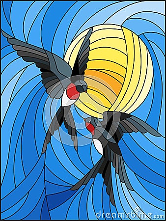 Stained glass illustration a pair of swallows on the background of sky and sun Vector Illustration