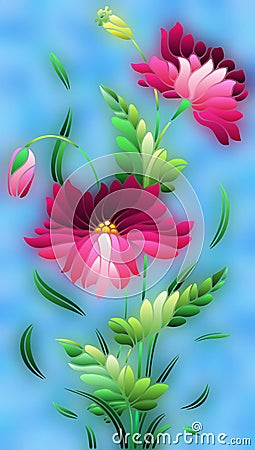 Stained glass illustration with pink poppies flowers on a blue sky background, rectangular image Vector Illustration