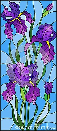 Stained glass illustration with purple bouquet of irises, flowers, buds and leaves on blue background Vector Illustration