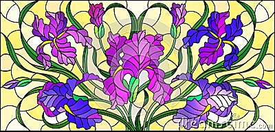 Stained glass illustration with purple bouquet of irises, flowers, buds and leaves on yellow background Vector Illustration