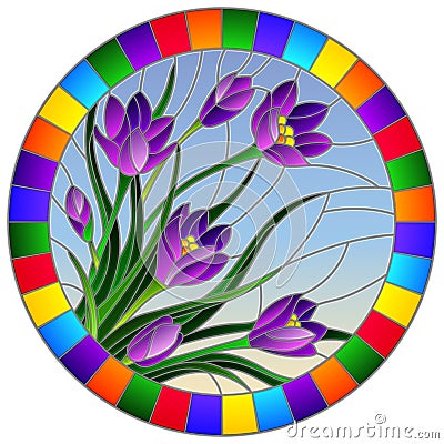 Stained glass illustration with purple flowers Crocuses on a blue background in a bright frame, round image Vector Illustration