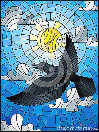 Stained glass illustration raven on the background of sky, sun and clouds Vector Illustration
