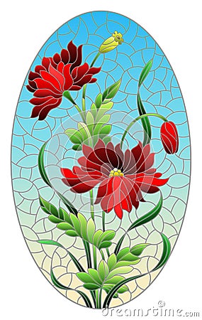 Stained glass illustration with red poppies flowers on a blue sky background, oval image Vector Illustration