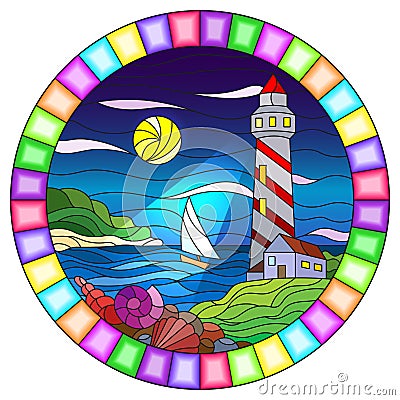 Stained glass illustration with seascape, lighthouse and sailboat on a background of sea and night sky, oval image in bright frame Vector Illustration