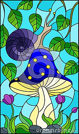 Stained glass illustration snail on the mushroom , on the background branches with leaves , grass and sky Vector Illustration