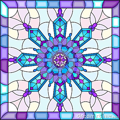 Stained glass illustration with snowflake in blue colors in a bright frame Vector Illustration