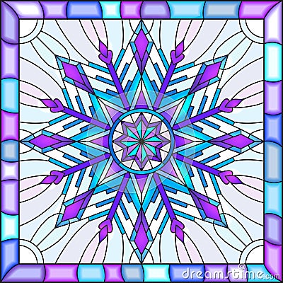 Stained glass illustration with snowflake in blue colors in a bright frame Vector Illustration