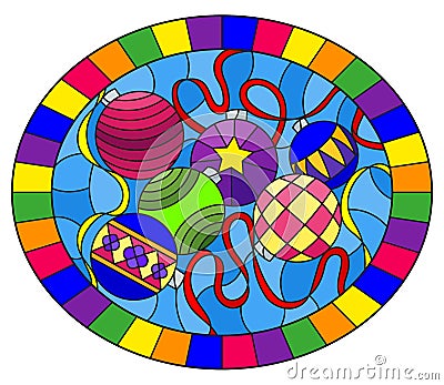 Stained glass illustration with still life of new year toys and serpentine, oval image in frame Vector Illustration