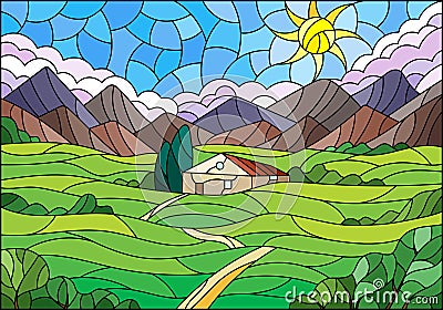 Stained glass illustration with a summer landscape, a lonely house against the background of fields, mountains and a Sunny sky Vector Illustration