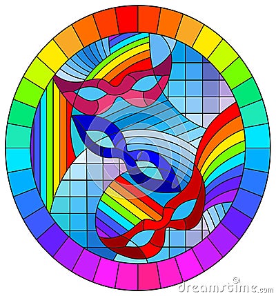 Stained glass illustration on the theme of carnival with abstract mask, oval image in a rainbow frame Vector Illustration