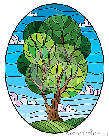 Stained glass illustration with tree on sky background,oval image Vector Illustration