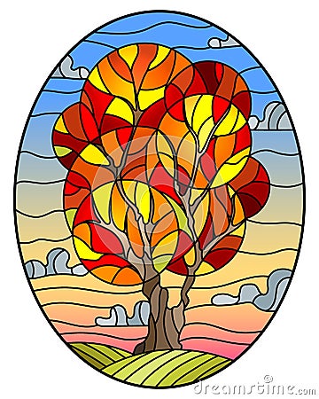 Stained glass illustration with tree on sky background,oval image Vector Illustration