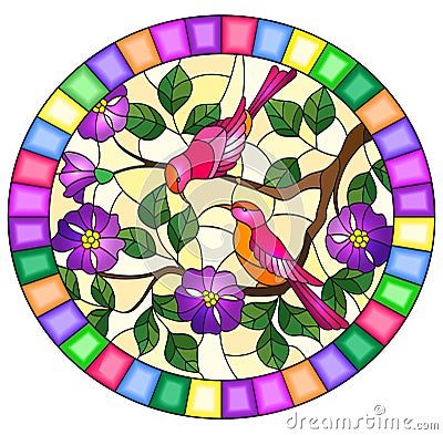 Stained glass illustration with two bright birds on the branches of blooming wild rose on a yellow background,oval image in brigh Vector Illustration