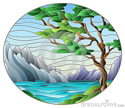 Stained glass illustration with a wild landscape, a green tree on a background of lake, mountains and a Sunny sky, oval image Vector Illustration