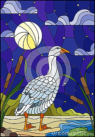 Stained glass illustration with wild wite goose on beach background with reeds , sky and moon Vector Illustration