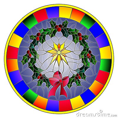 Stained glass illustration wreath of Holly and Christmas star on a blue background,round image in bright frame Vector Illustration