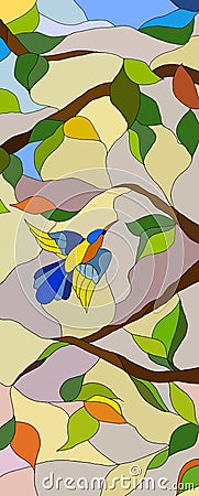 Illustration of a stained glass window with a bird Stock Photo