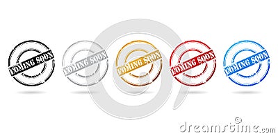 illustration stamps the word coming soon with five colors isolated backgrounds Vector Illustration