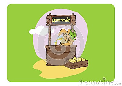 Illustration of a stand with lemonade and a cat. Lemonade stand, lemon crate, summer time, ready to use, eps. For your Vector Illustration