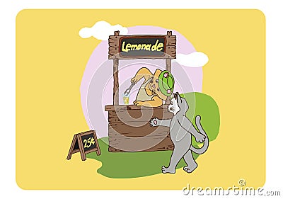 Illustration of a stand with lemonade and cats. Lemonade stand, lemon, ice, buyer, summer time, ready to use, eps. For Vector Illustration