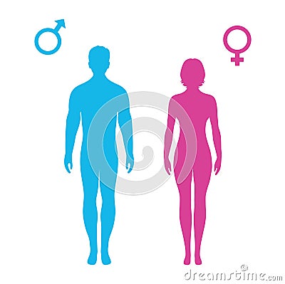 illustration of standing silhouettes of man and woman, female and male signs Vector Illustration