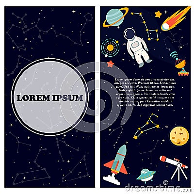 Illustration with star constellation, spaceman, rocket, ufo and planet Vector Illustration