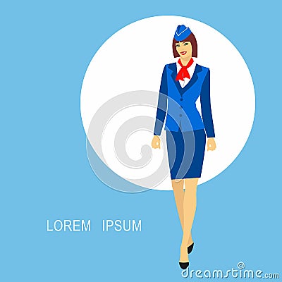 Illustration of stewardess dressed in blue uniform. Vector Illustration