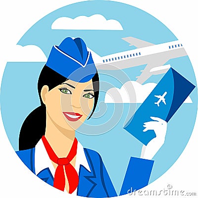 Illustration of stewardess dressed in blue uniform with a ticket in hand Vector Illustration