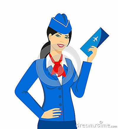 Illustration of stewardess dressed in blue uniform with a ticket in his hand Vector Illustration