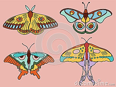 Illustration of a sticker from the 1970s set. Collection of butterflies and moths. Bright memorable design. Vector Illustration