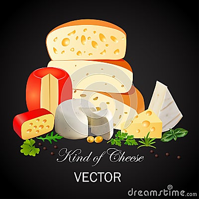 still life of cheeses of different types with the inscription Kings Cheese Vector Illustration