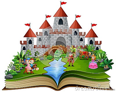 Story book with cartoon princesses and princes in front of a castle Vector Illustration