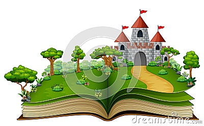 Story book with a castle and river in the green park Vector Illustration