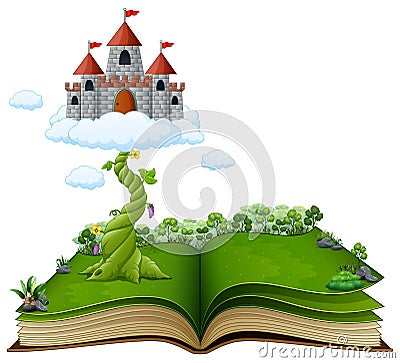 Story book with magic beanstalk and castle in the clouds Vector Illustration