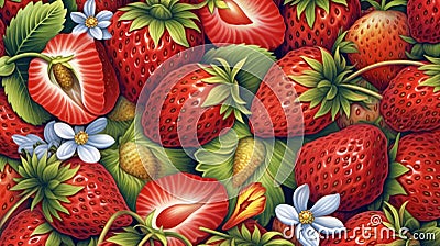 Strawberry pattern. Illustration of ripe 3d strawberries. Fruit background. Vector Illustration