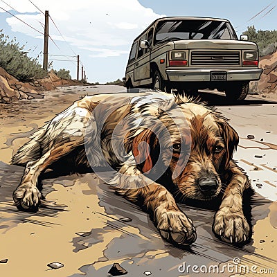 illustration of a street dog lying on road generative AI Cartoon Illustration