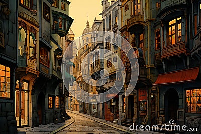 Illustration of a street in the old town of Prague, Czech Republic Cartoon Illustration