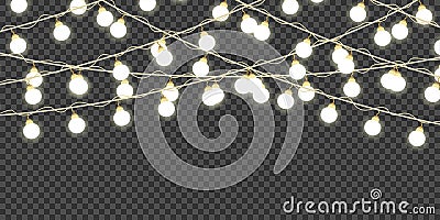 Illustration of a string of colorful holiday lights, Christmas lights isolated realistic design elements, glowing lights Vector Illustration