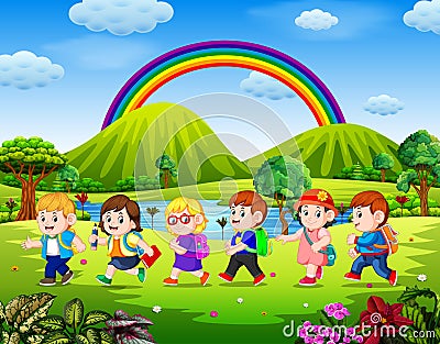 The students go to school in the sunny day Vector Illustration