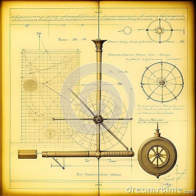 An illustration in the style of an old blueprint. Astrolabe is depicted in the style of a pencil drawing Cartoon Illustration