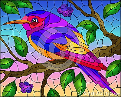 Stained glass illustration with a beautiful bright bird on a background of branch of tree with berryes and sky Vector Illustration