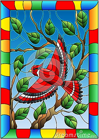 Stained glass illustration with a beautiful red bird on a background of branch of tree and sky in bright frame Vector Illustration