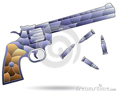 Illustration in style of stained glass with compositions of revolver and bullets, isolated on a white background Stock Photo